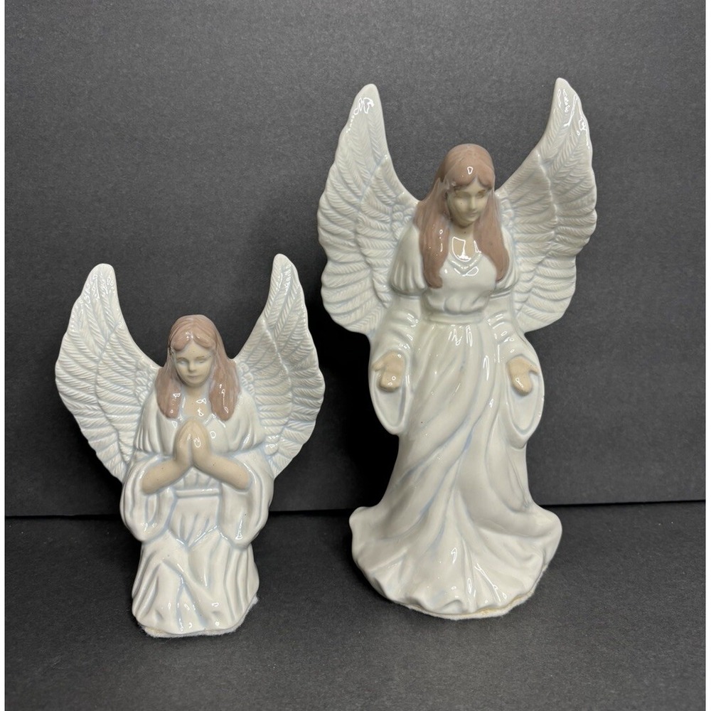 2 Vintage Hand Painted Angel Figurines Mold MCM Praying Nativity Christmas MCM
